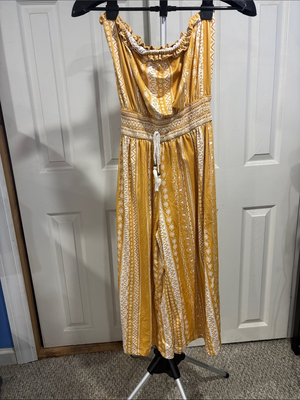 Inspired Hearts Yellow & White Printed Smocked-Waist Jumpsuit